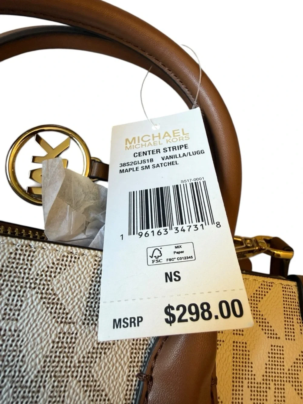 MICHAEL KORS Center Stripe Handbag Vanilla Maple Small Satchel NEW‎ $298 Preppy